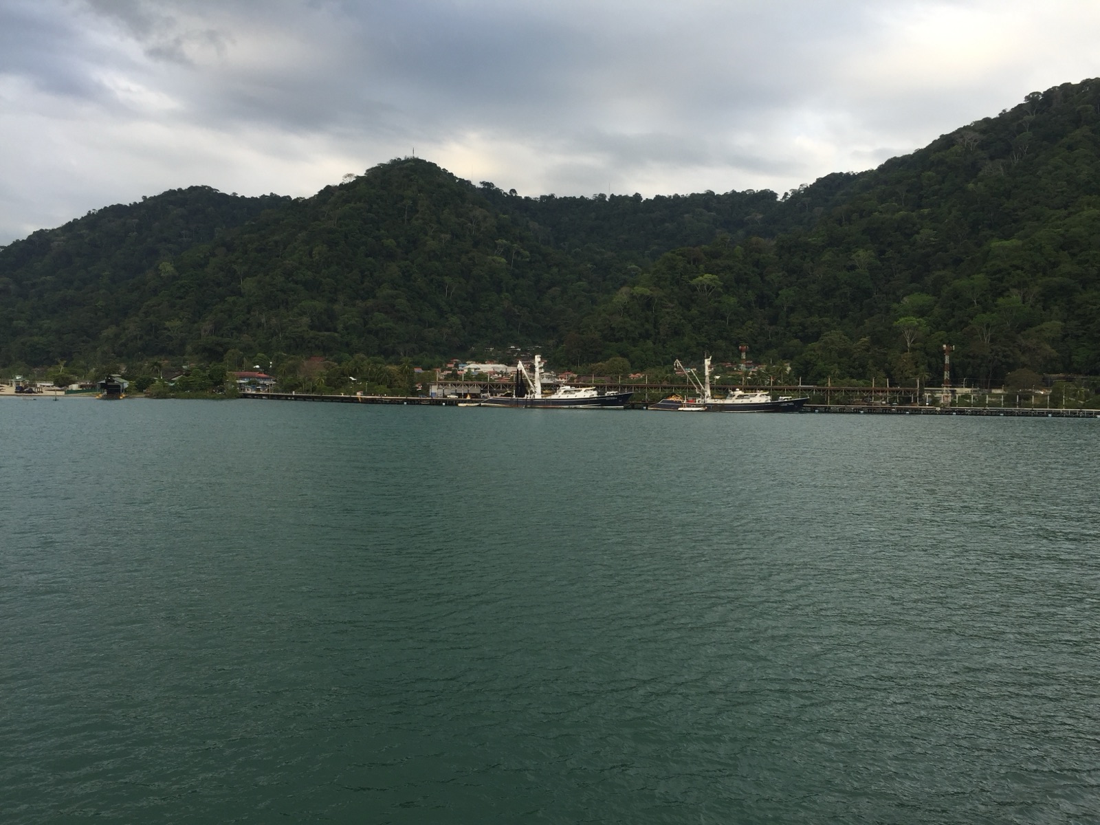 Golfito's waterfront and docks below the forested hills