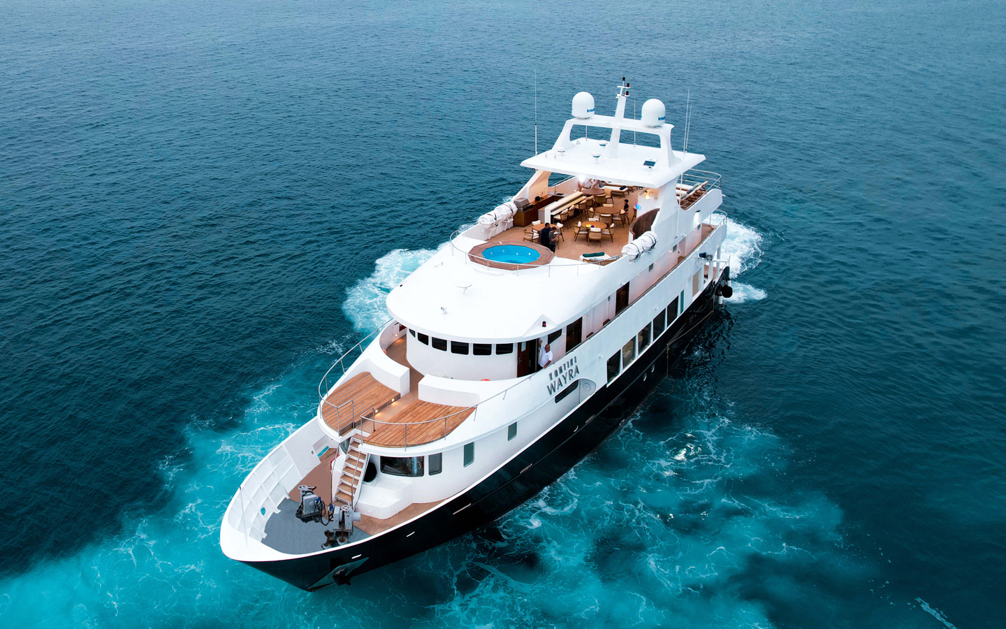 Aerial view of the Kontiki Wayra yacht under way, one of the Costa Rica yachts AdventureSmith Explorations books