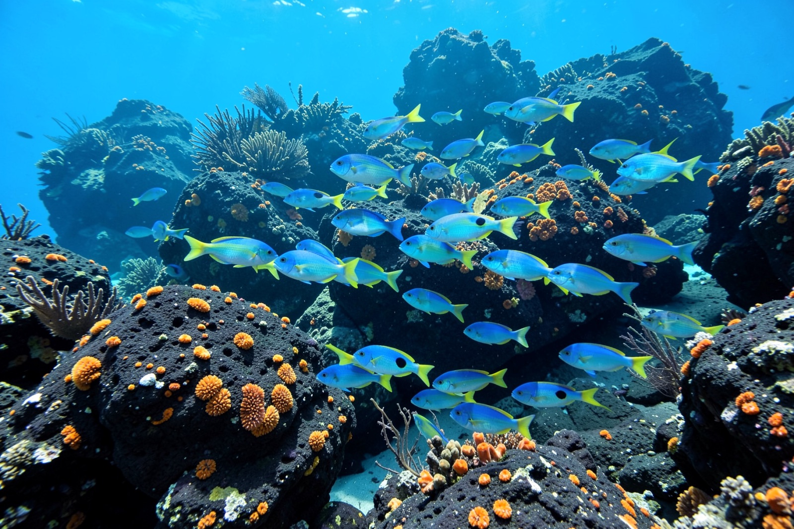Reef fish over volcanic rocks in Costa Rica