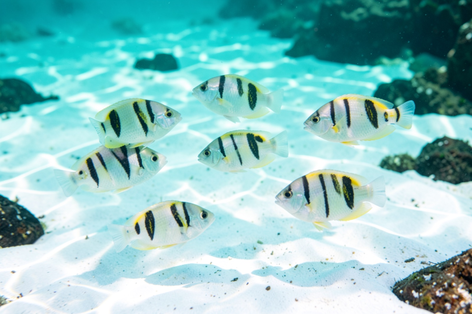 Sergeant major fish over a sandy bottom in Costa Rica
