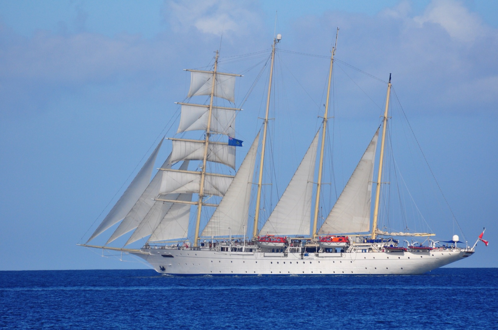 The four-masted Star Clipper under way in the British Virgin Islands