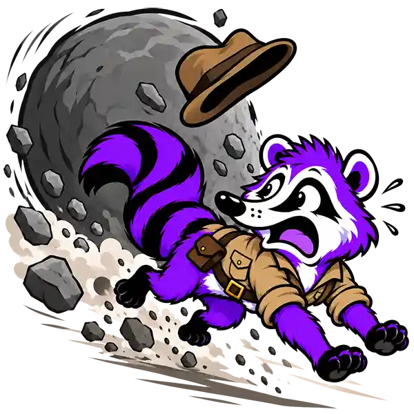 Pizote running from a rolling stone sphere